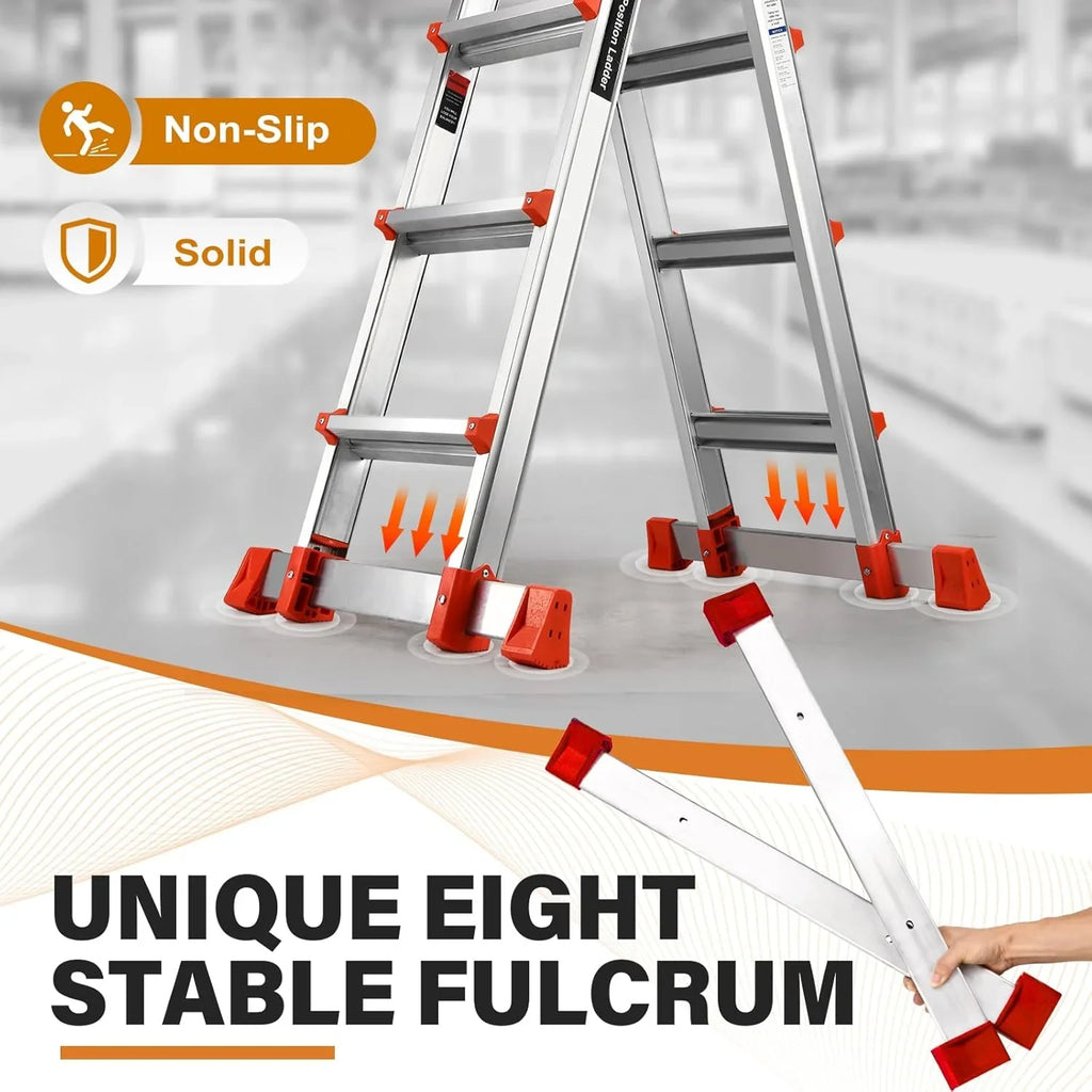 HBTower Ladder, A Frame 4 Step Extension Ladder, 14 Ft Multi Position Ladder with Removable Tool Tray and Stabilizer Bar, 330 lbs Capacity Telescoping Ladder for Household and Outdoor Work