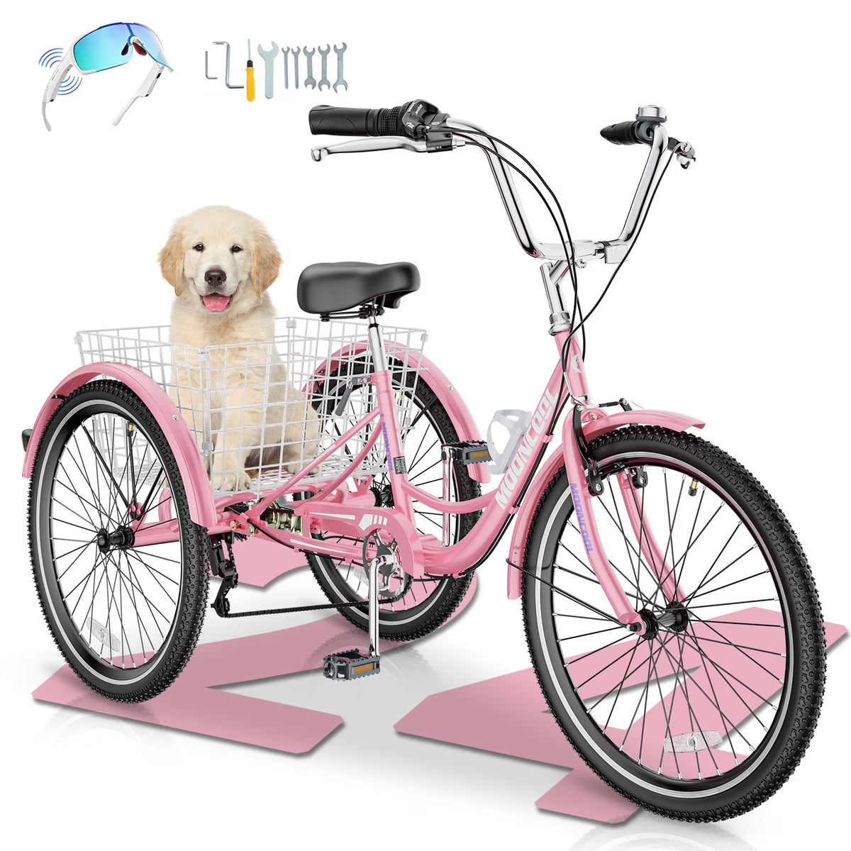 MOONCOOL Adult Tricycles with Rear Basket & Inflator, 24 26 inch 7 Speed 3 Wheel Bikes, Three-Wheeled Bicycles Adult Trike with Backrest for Seniors, Women, Men