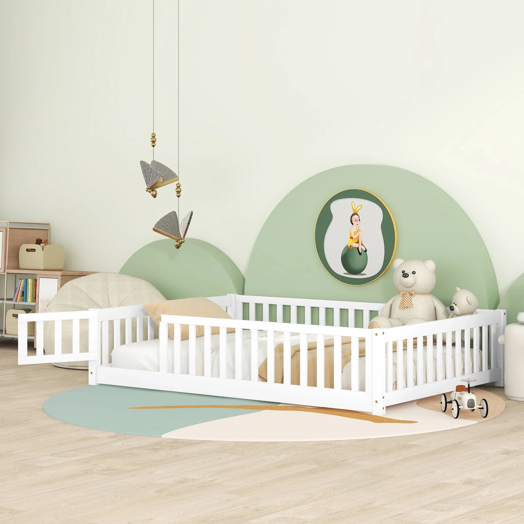 Bellemave Twin Size Floor Beds, Wood Montessori Bed with Fence Railings & Support Slats, No Box Spring Needed (Gray"