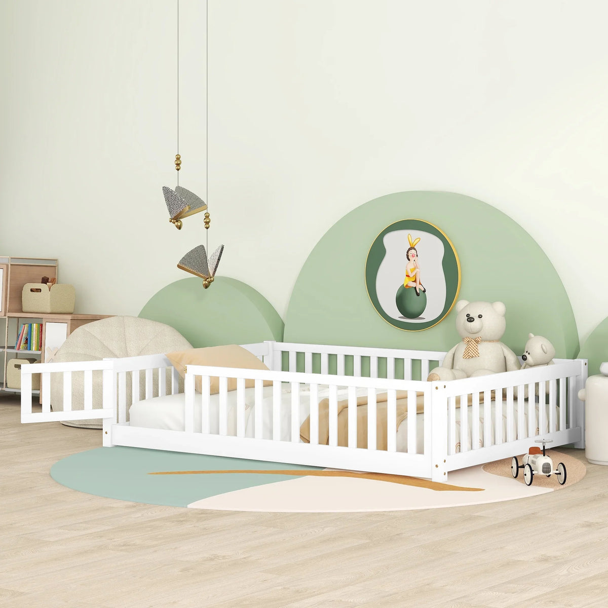 Bellemave Twin Size Floor Beds, Wood Montessori Bed with Fence Railings & Support Slats, No Box Spring Needed (Gray"