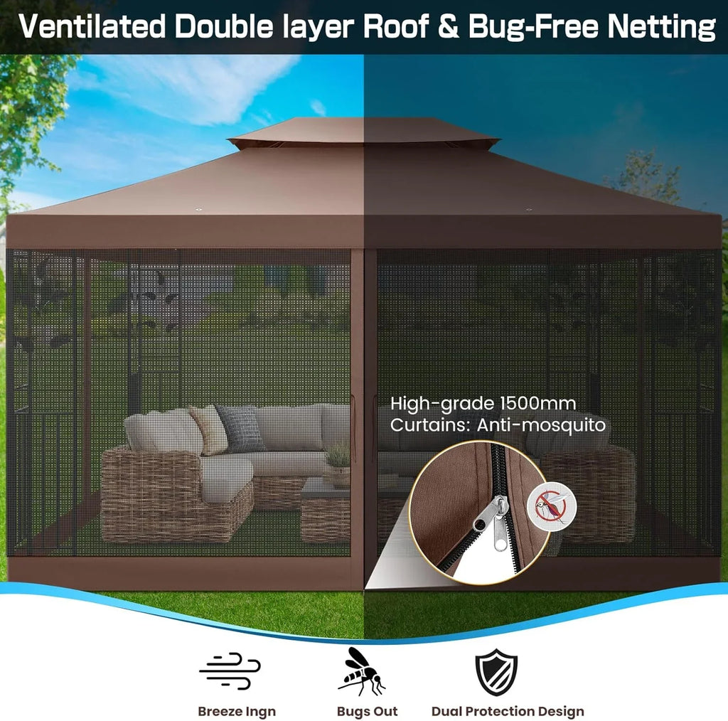 COBIZI 10' x 13' Pop Up Gazebo, Screened Patio Gazebo, Outdoor Steel Double Roof Canopy Tent, Metal Frame Canopy with Mosquito Netting, Sunshade for Garden, Lawns, Gray