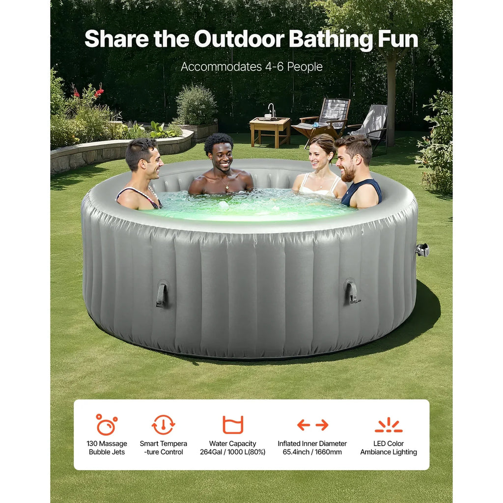 KFFKFF Inflatable Hot Tub, 4-6 Person Capacity, 81.9 x 26in Round Portable Outdoor Spa, with 130 Jets, Headrest, LED Light, Cover, Control Panel, PVC Outdoor Tub, Grey