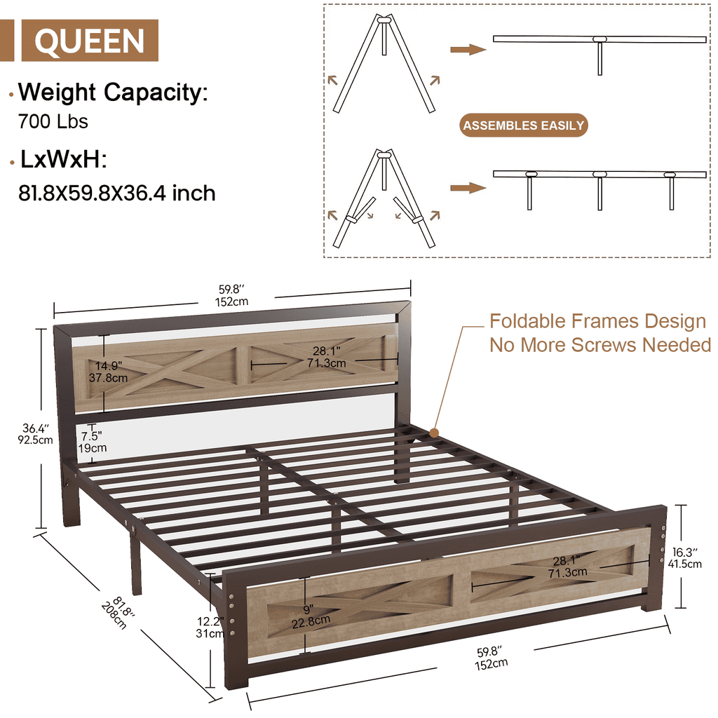 Behost Twin Bed Frame with Headboard and Underbed Storage, Metal Wood Platform Bed Frame Twin, No Box Spring Needed