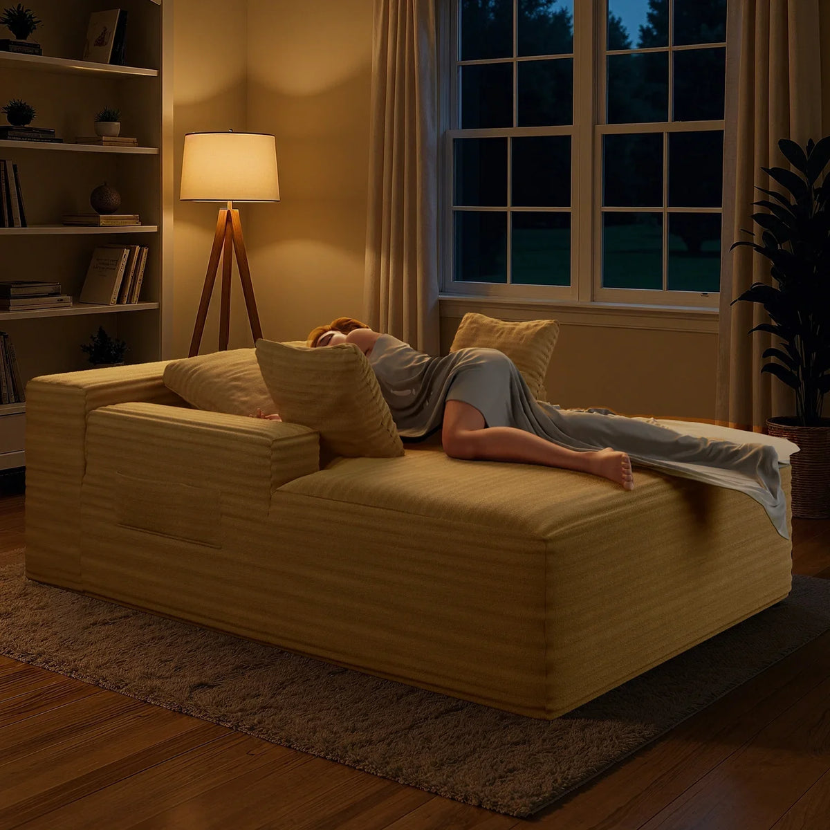 Lofka Oversized Chaise Lounge Indoor, 66"D Corduroy Upholstered Boneless Sofa Bed for Reading on Living Room & Bedroom, No Assembly Required (Beige)