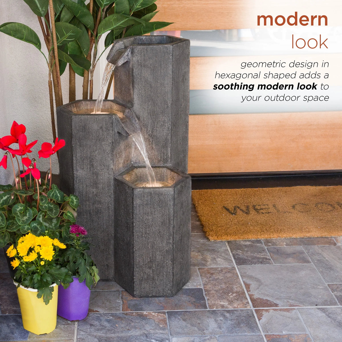 Alpine Corporation 25" Tall Modern 3-Tier Fountain for Indoor / Outdoor Yard Decor with LED Light