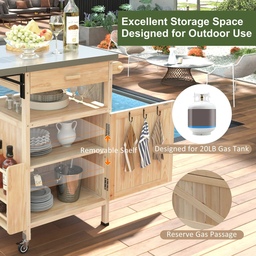 Solid Wood Outdoor Kitchen Island with Drop Leaf, Grill Table with Stainless Steel Table Top, Outdoor Bar Cart & Storage Cabinet with Lockable Wheels, Drawer, Spice Rack, Blue Grey