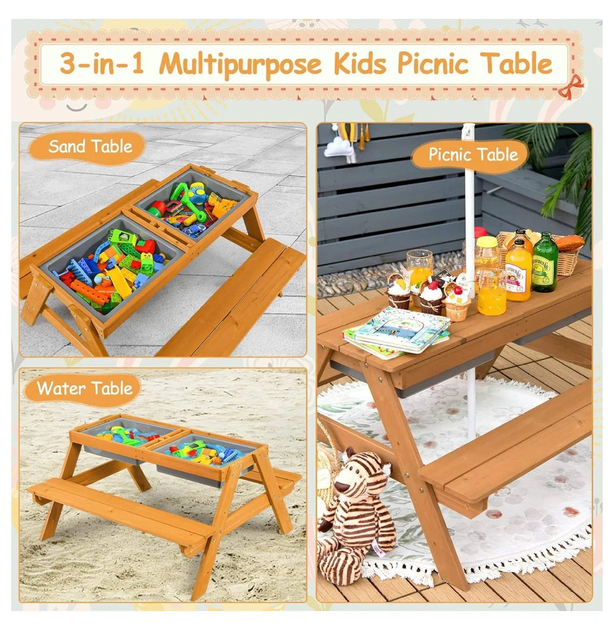 Kids Picnic Table, 4-in-1 Cedar Wooden Sand & Water Table w/ Umbrella, Outdoor Patio Furniture Set for Toddlers, Backyard Garden Play