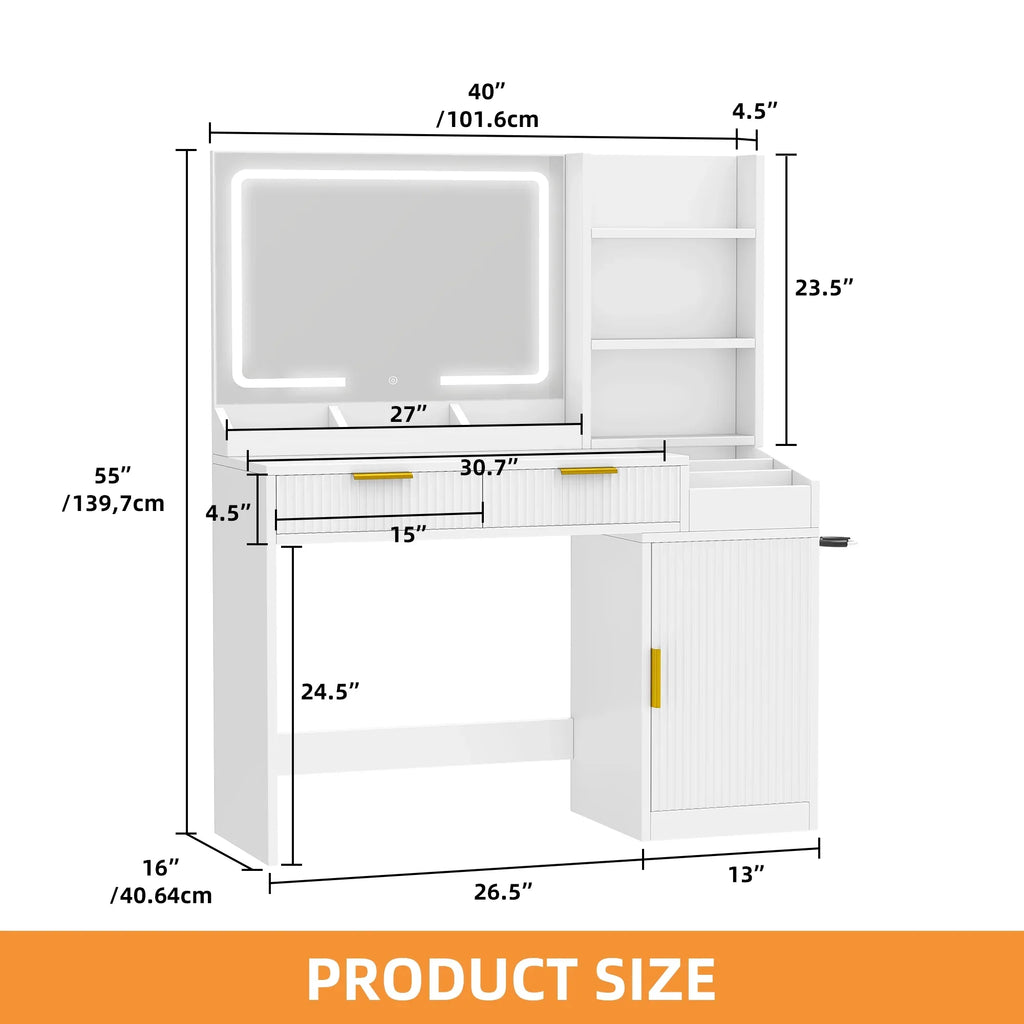 Craftian White Makeup Vanity Desk with Large Mirror and Lights, Dressing Table with 2 Storage Drawers & Power Outlets