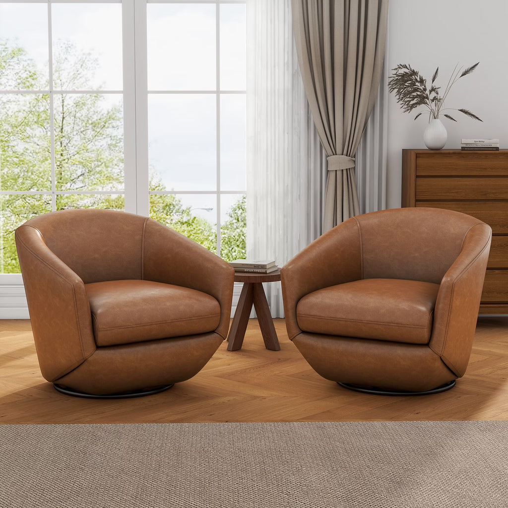 DREAMSIDEA Faux Leather Swivel Accent Chair Sets of 2 360" Swivel Barrel Chair,Swivel Club Sofa for Living Room, Bedroom, Office,Brown