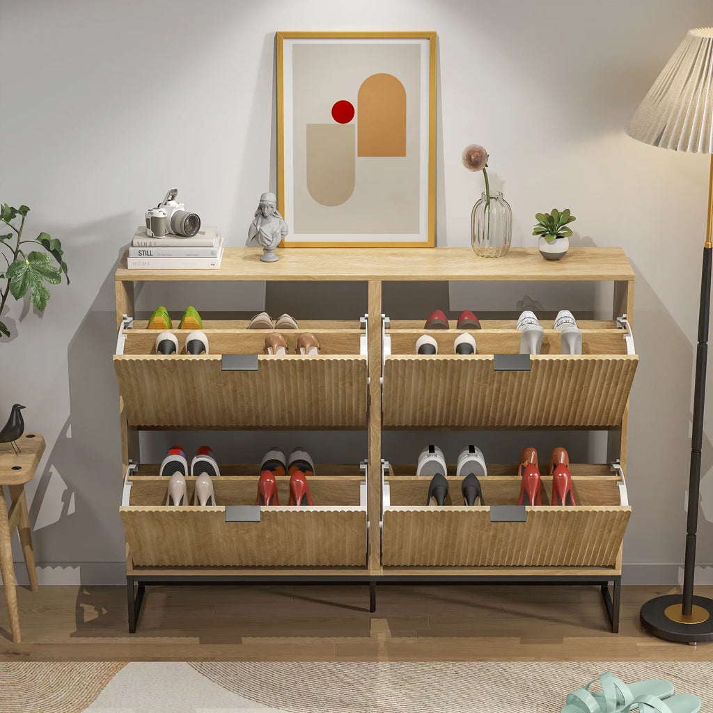 Oubayajia Modern Shoe Storage Cabinet, Wood Shoe Rack Organizer with 2 Flip Drawers, Freestanding Narrow Shoe Cabinet for Entryway Hallway, Natural