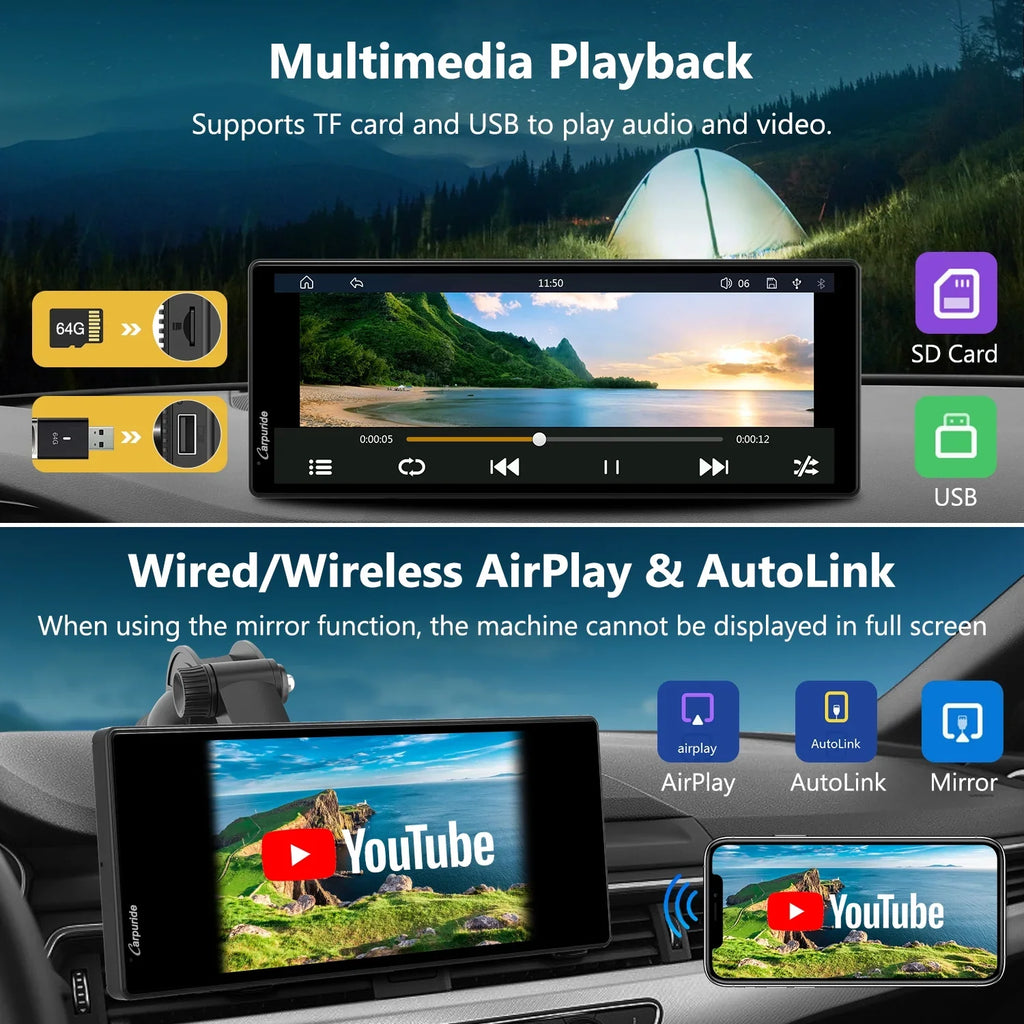 Carpuride Wireless Carplay Android Auto with 4K Front Dash Cam 1080P Rear Cam,10.26" HD IPS Touch