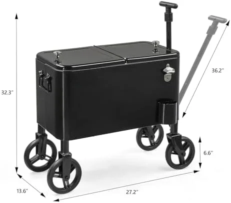 80 Quart Wagon Rolling Cooler Ice Chest, /Long Handle and 10" Wheels, Portable Beach Patio Party Bar Cold Drink Beverage, Outdoor Park Cart on Wheels