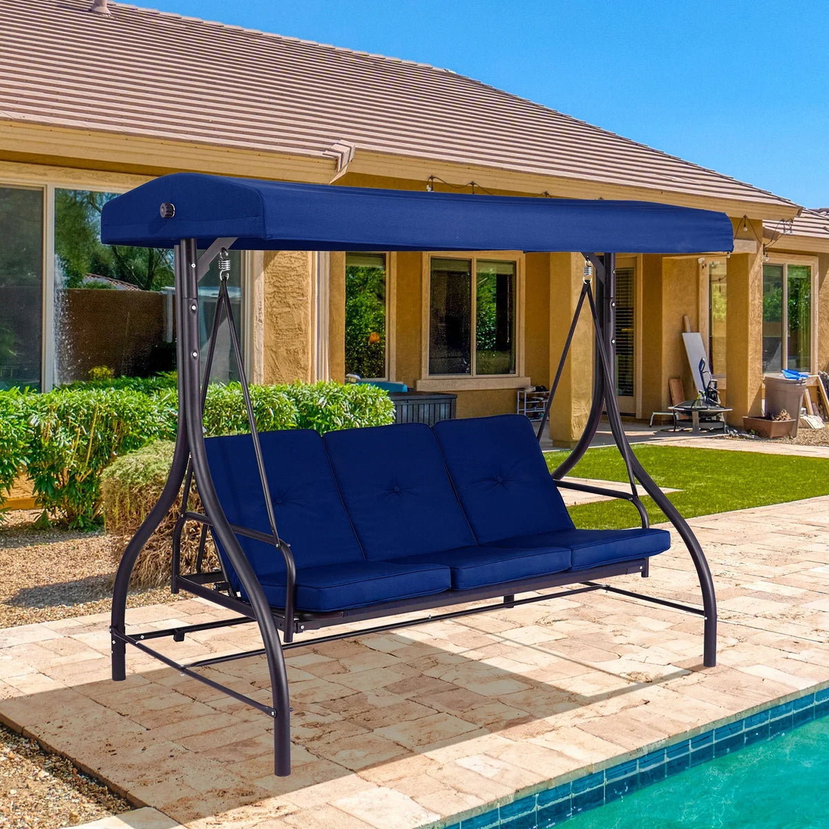 Pirecart 3 Person Patio Porch Swing Outdoor Converting Swing Glider Hammock with Adjustable Canopy, Cushions, Red
