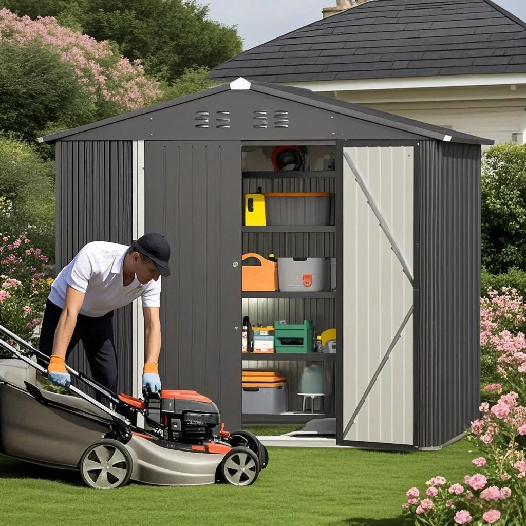 8x6 ft Outdoor Storage Shed on Sale, Sheds & Outdoor Storage with Lockable Doors, Metal Garden Shed by Durable Galvanized Steel for Patio, Lawn - Dark Gray