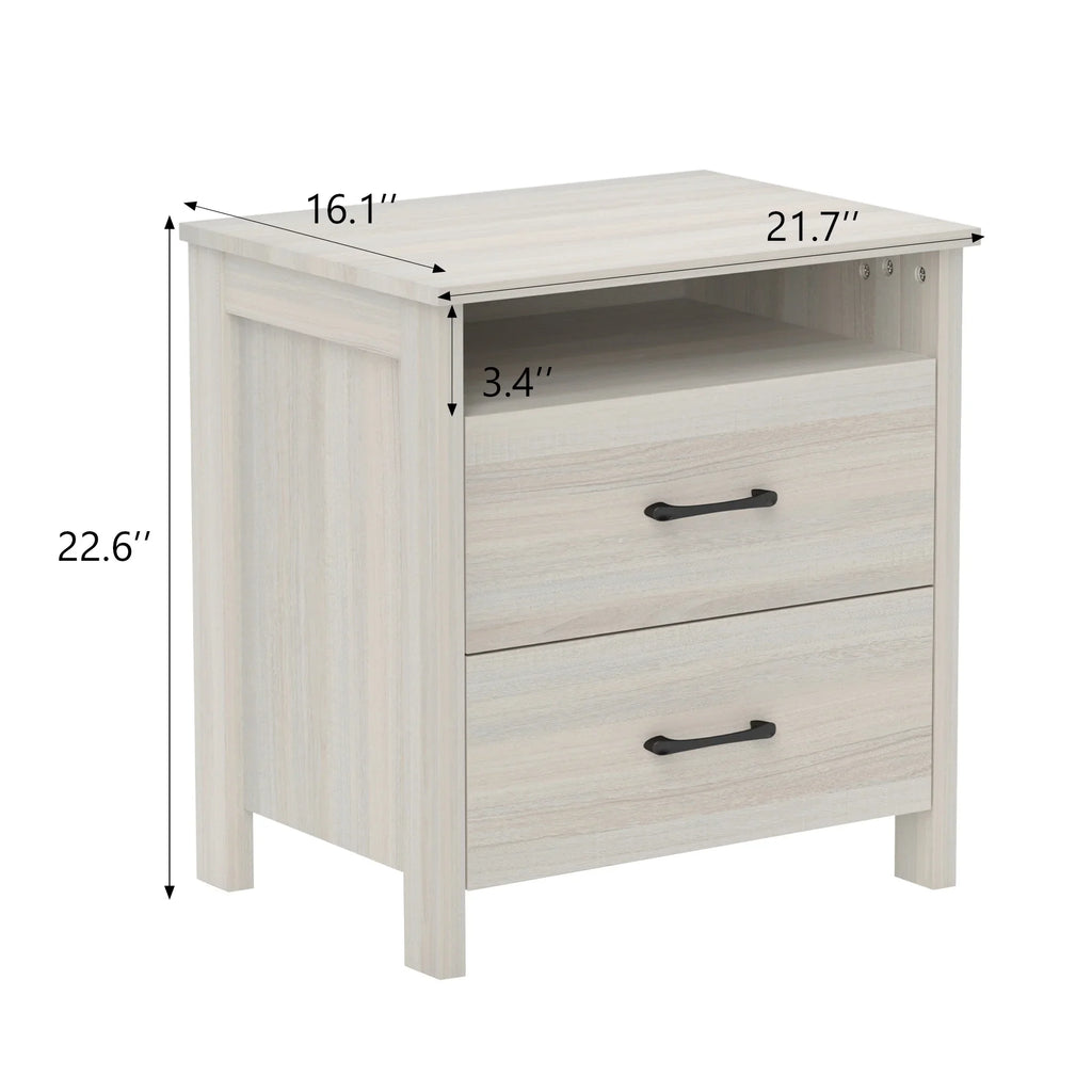 Farmhouse Nightstand with 2 Drawers, Rustic Grey Bedside Table with Open Shelf, Wooden Side End Table for Bedroom