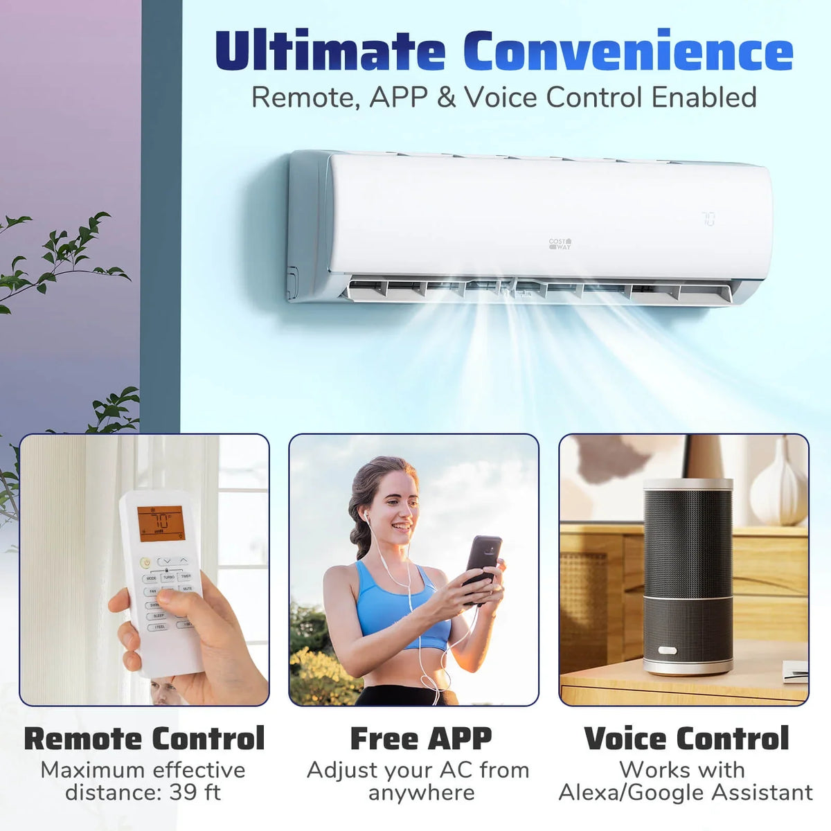 Costway 11500 BTU Wifi Enabled Mini Split Air Conditioner & Heater Works with Alexa 750 Sq.Ft 17 SEER2 115V