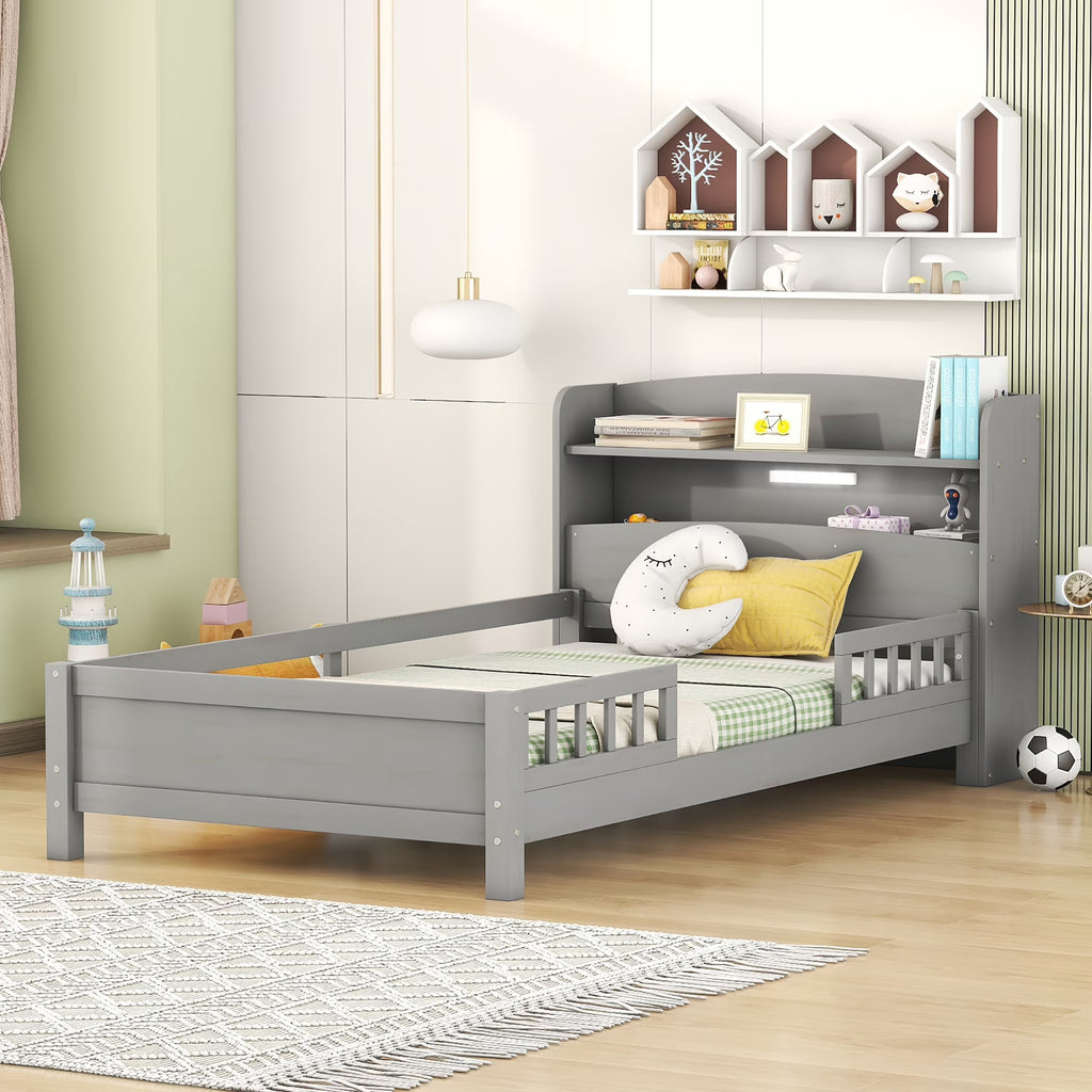 Euroco Wood Twin Size Platform Bed with Storage Headboard, Shelves and LED Light for Kids, Gray