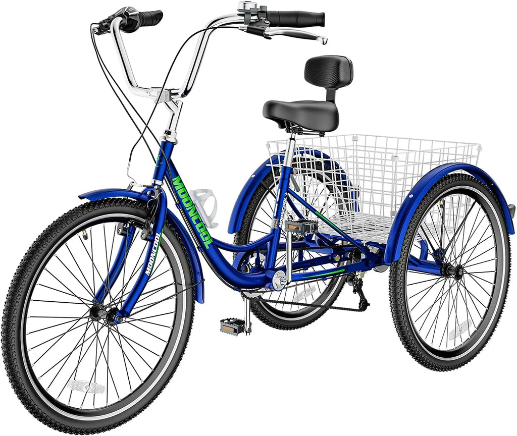 MOONCOOL Adult Tricycles with Rear Basket & Inflator, 24 26 inch 7 Speed 3 Wheel Bikes, Three-Wheeled Bicycles Adult Trike with Backrest for Seniors, Women, Men