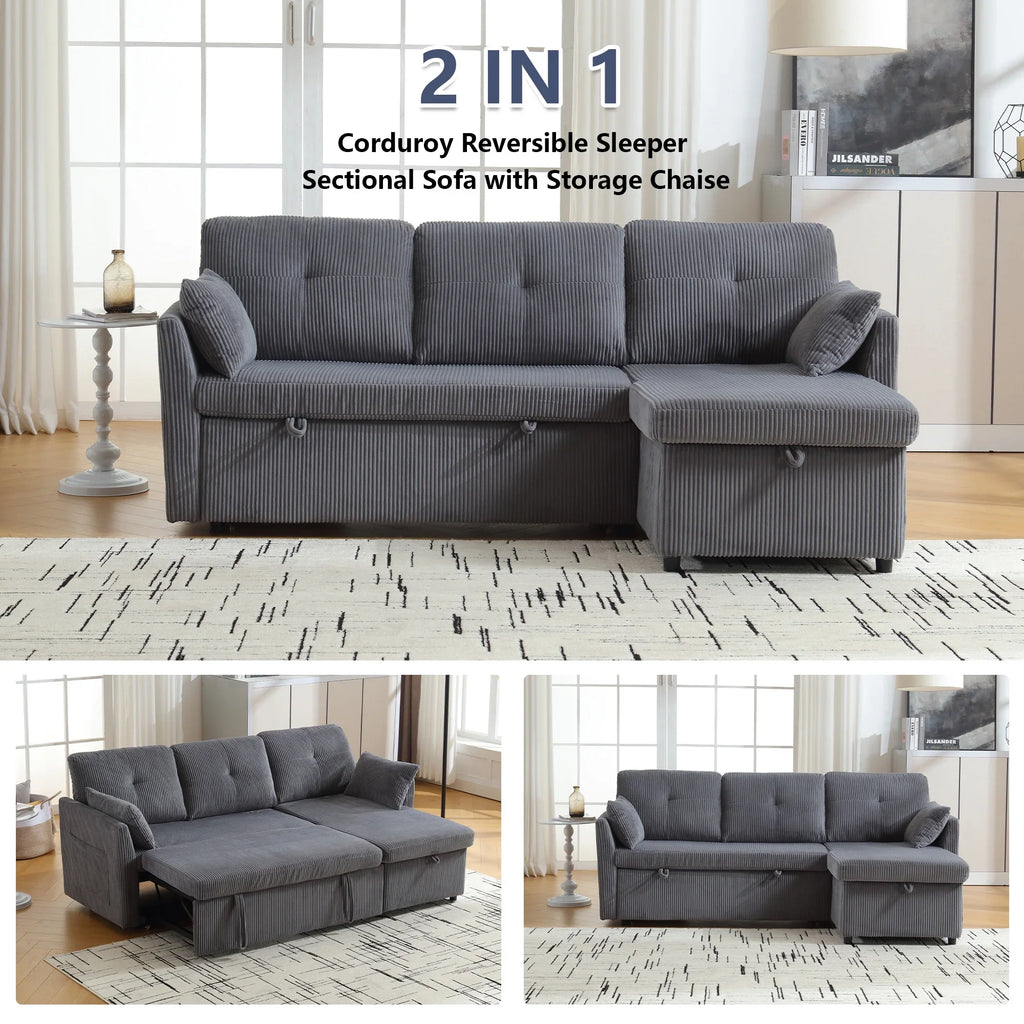 Villeston L-Shaped 3-Seat Sofa with Pull-Out Bed, with Storage Chaise Couch for Living Room, Chenille Fabric,Olive