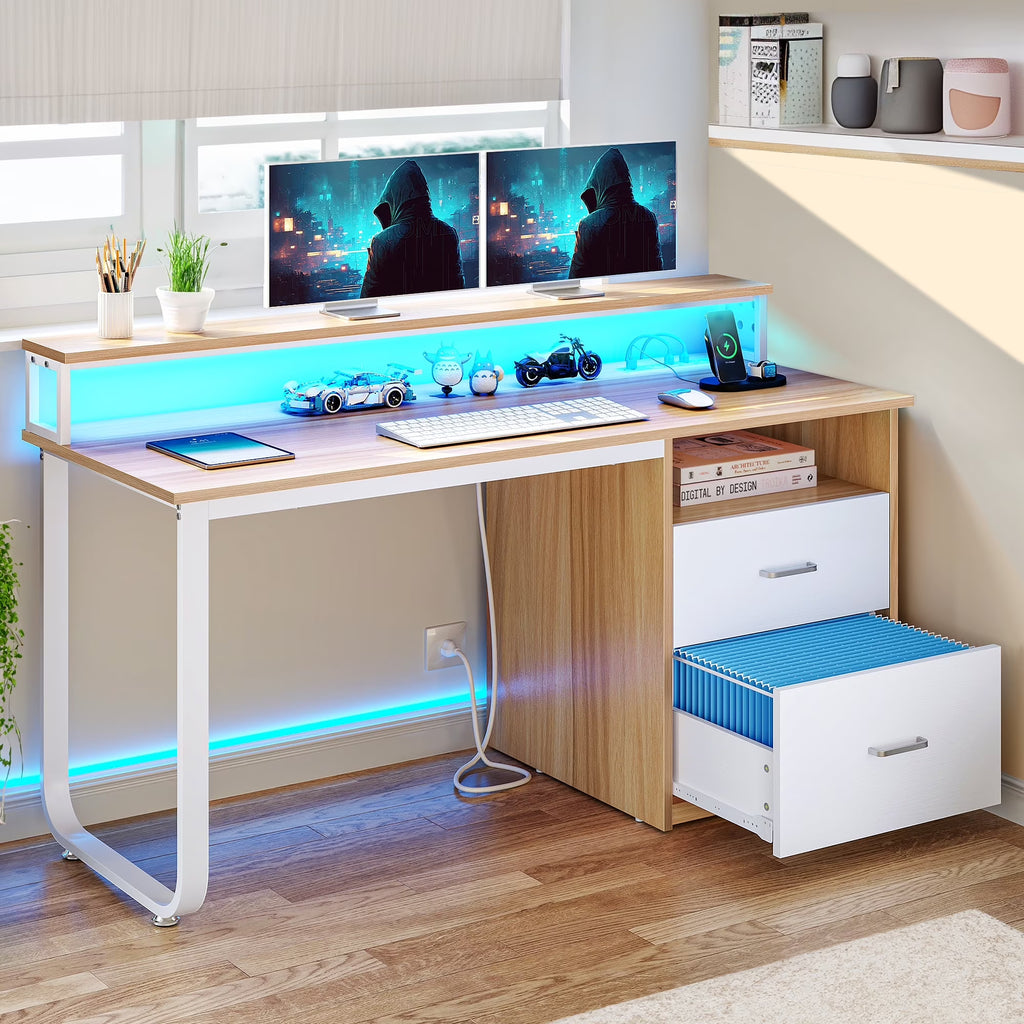 Dextrus 47 inch Computer Desk with Storage Drawers & LED Light, Office Desk with Monitor Stand & Power Outlets, Work Study PC Desk for Small Spaces, Home Office, Oak