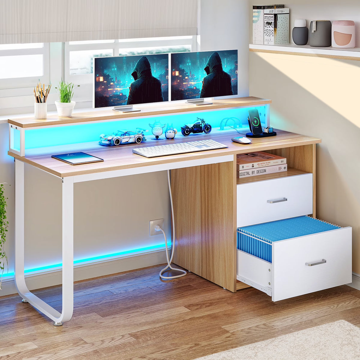 Dextrus 47 inch Computer Desk with Storage Drawers & LED Light, Office Desk with Monitor Stand & Power Outlets, Work Study PC Desk for Small Spaces, Home Office, Oak