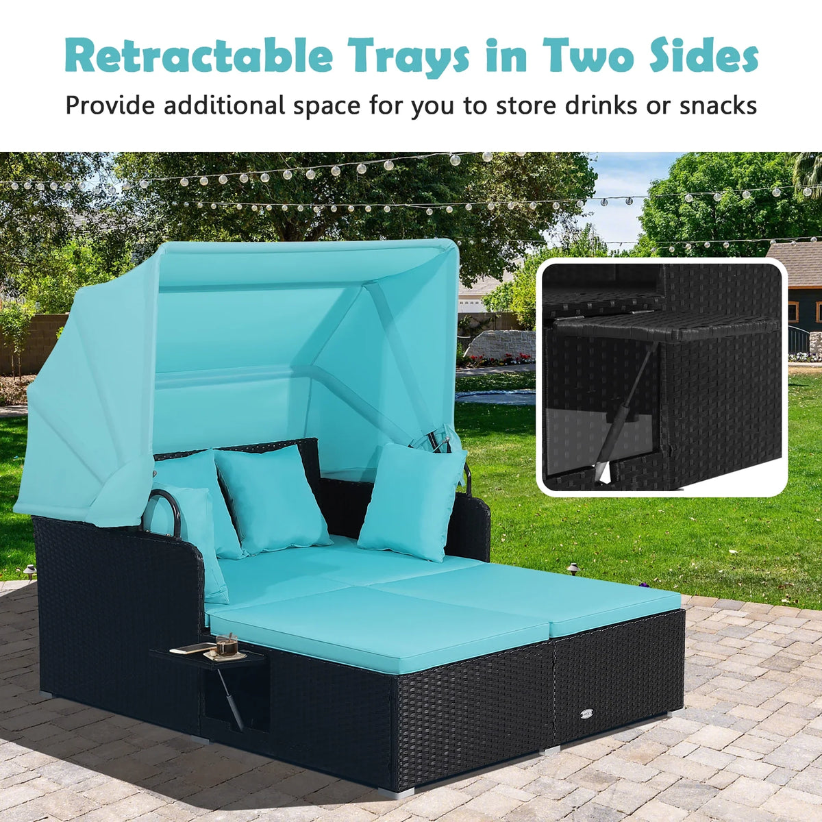 Costway Patio Rattan Daybed Lounge Retractable Top Canopy Side Tables Cushions Red