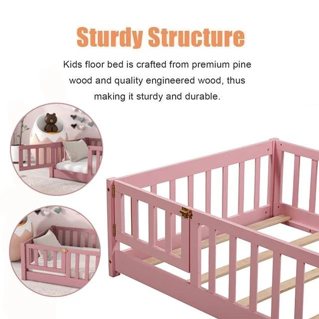 Bellemave Twin Size Floor Beds, Wood Montessori Bed with Fence Railings & Support Slats, No Box Spring Needed (Gray"