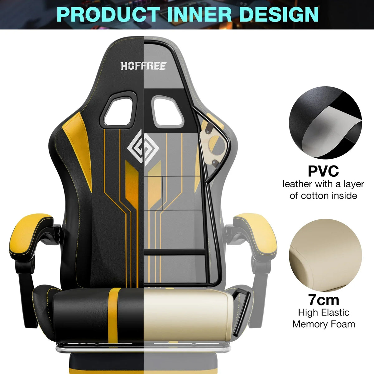 HOFFREE Big and Tall Gaming Chair with Speakers and RGB Lights, Gamer Chair with Footrest, Lumbar Support Height Adjustable 360-Swivel Seat and Headrest for Adults, 400lbs