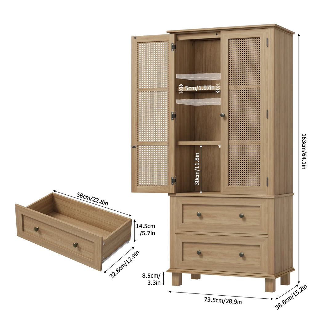 Homfa Bathroom Cabinet with Rattan Doors, Rattan Linen Storage Cabinet with 2 Drawers, Oak