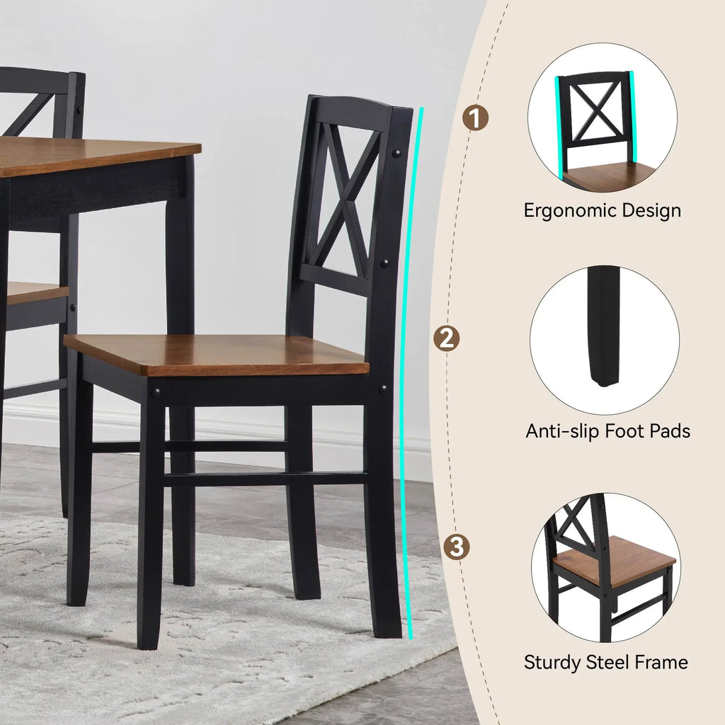 Seizeen Solid Wood Kitchen Table and Chairs, Dining Room Table Set for 4 with Gray Upholstered Chairs, Wood Grain Table Heavy-Duty Frame, Rustic Minimalist Style Breakfast Nook Set