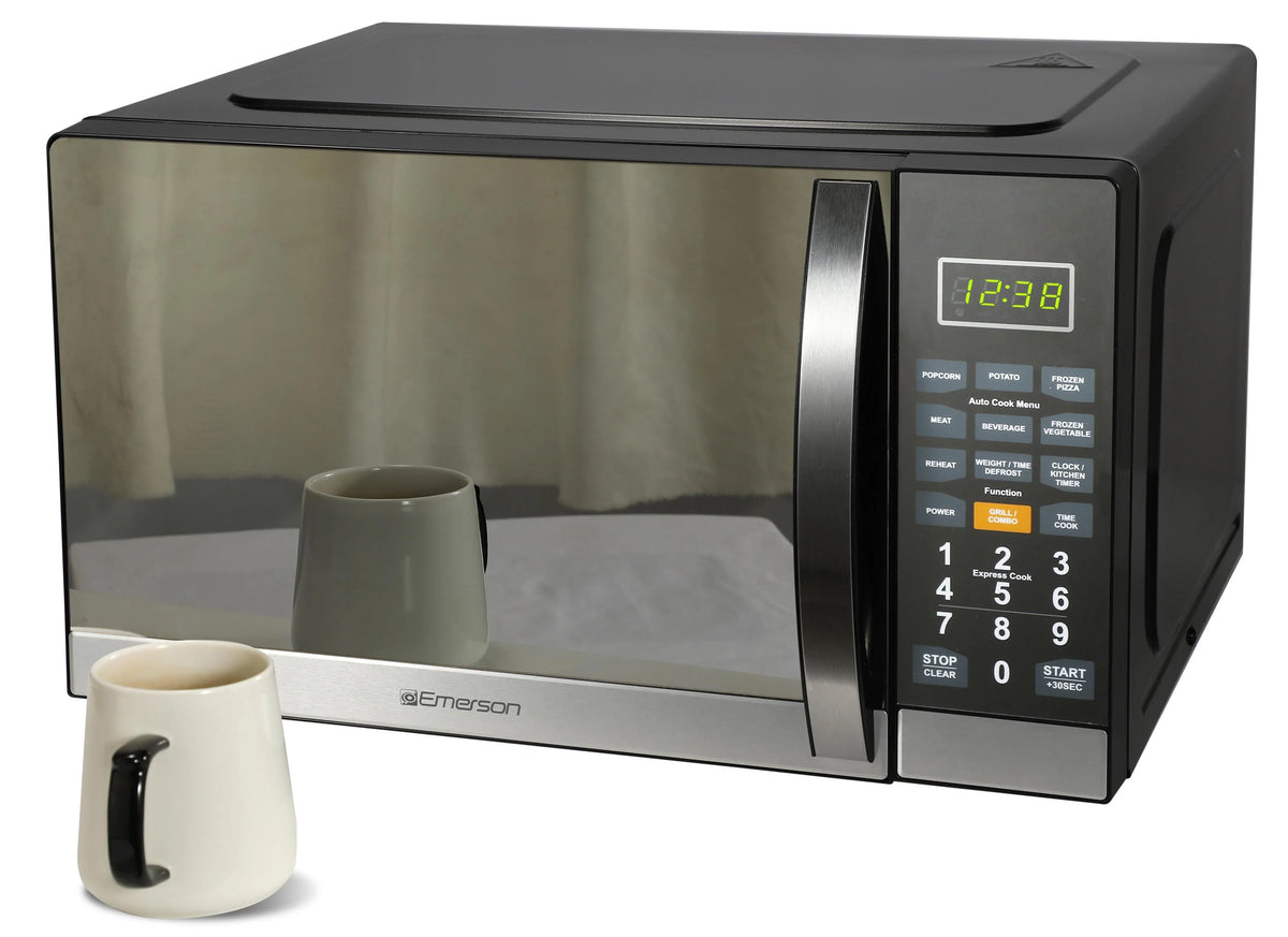 Emerson 1.1 Cu Ft, 1100W Mirror Finish Countertop Microwave Oven with Grill, MWG1191SB