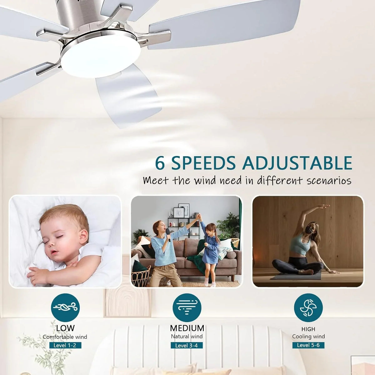 42 Inch Low Profile Ceiling Fans with Lights and Remote, Flush Mount Modern Ceiling Fan, 3 CC T DC Ceiling Fan for Bedroom, Living Room, Brushed Nickel