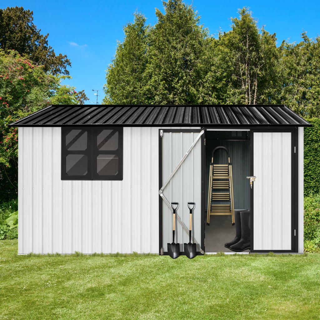 10x12 FT Outdoor Storage Shed, Metal Garden Tool Shed with Vents, Window and Bulit-in Hooks, Waterproof Organization for Home/Backyard/Garden Tools/Lawn Storage, Yellow+White
