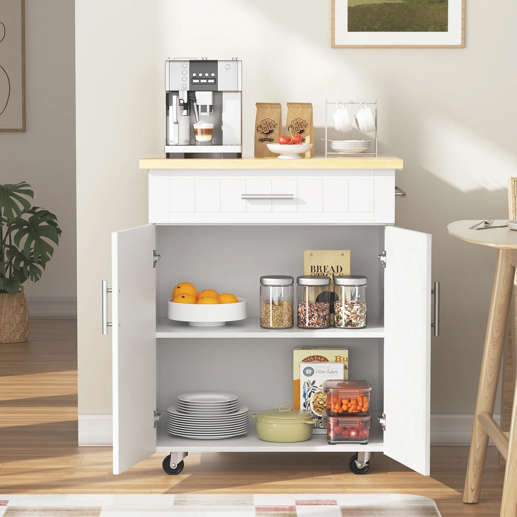 Walsunny Kitchen Island Table Stand with Storage on Wheels,Rolling Kitchen Cart Storage Cabinet with Drawer,White