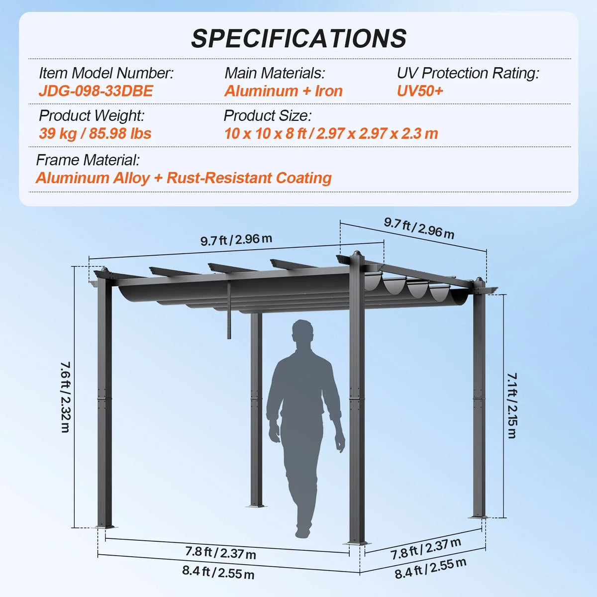 VEVOR 10'x10' Outdoor Retractable Pergola with Canopy, Aluminum Pergola with Retractable Canopy, Modern Pergola with Sun Shade Canopy for Patios, Gardens, Decks, Backyards (Gray)