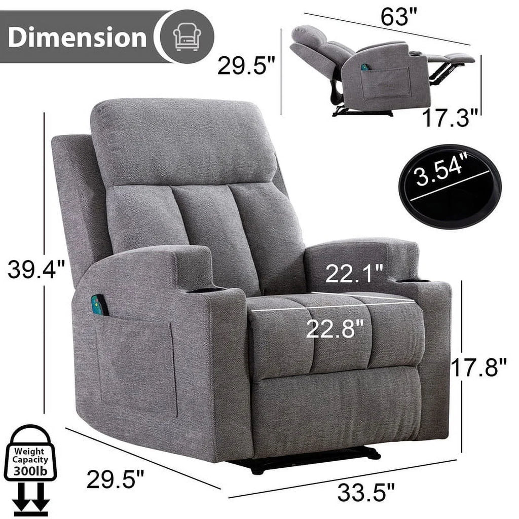 Bonzy Home Heated Manual Massage Recliner with Cup Holder Padded Breathable Fabric Recliner, Home Theater Seating"Navy