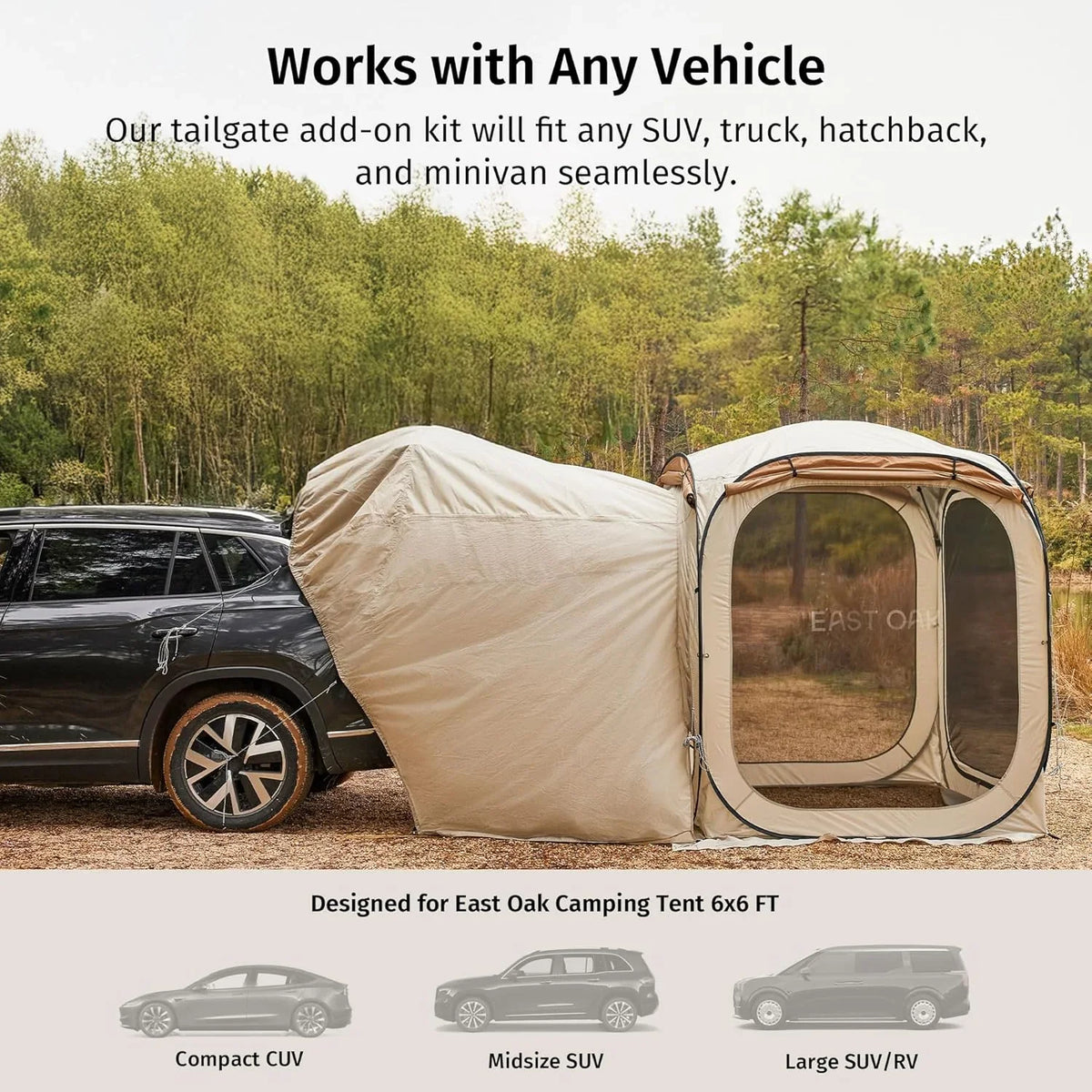 East Oak SUV Tailgate Tent Extension | 6x6 FT Windproof & Waterproof Canopy for Camping, Car, and Outdoor Adventures