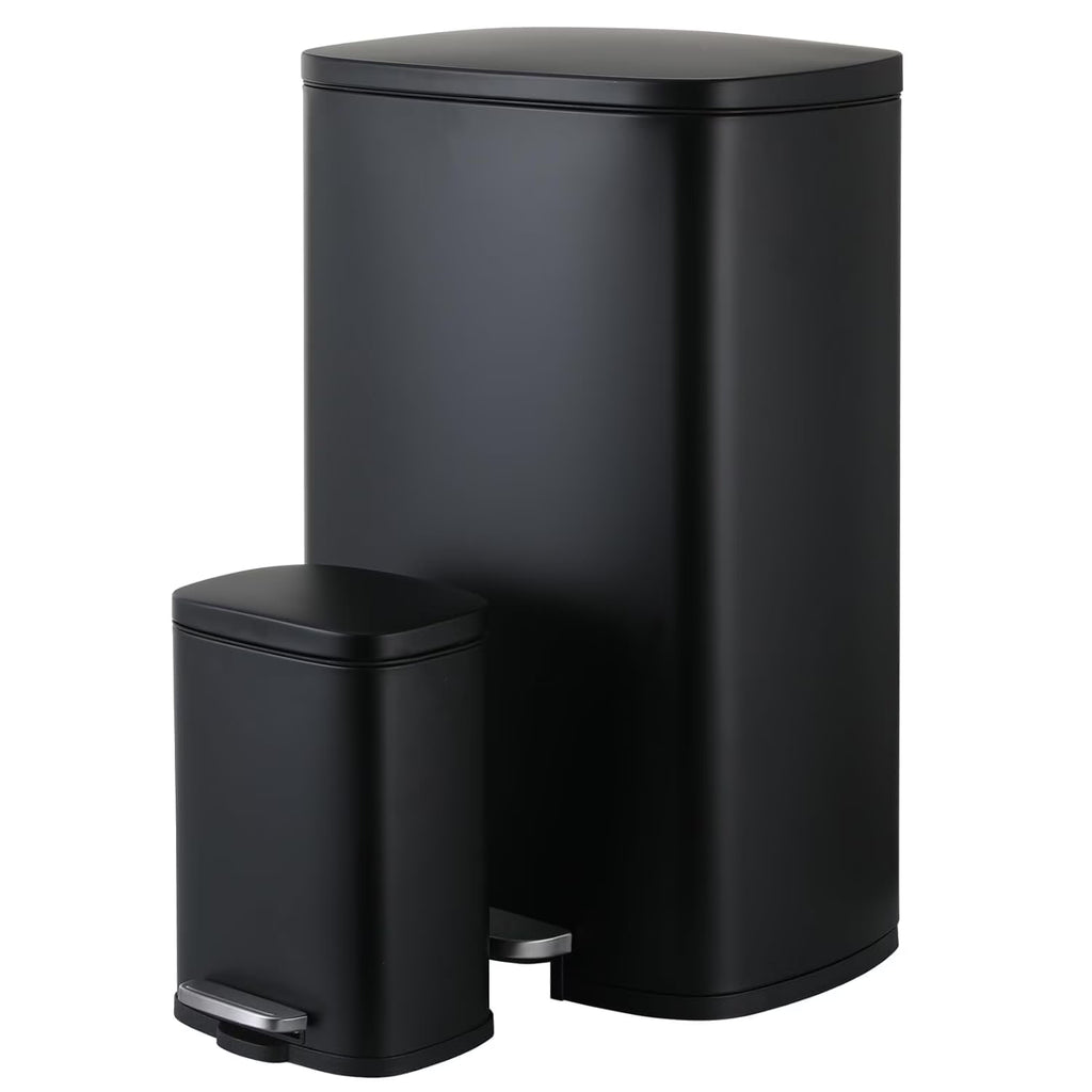 Arlopu Step Trash Can Combo Set, 13.2 Gallon & 1.3 Gallon, Stainless Steel Garbage Bin with Foot Pedal for Kitchen, Home, Office, Soft-Close Lid