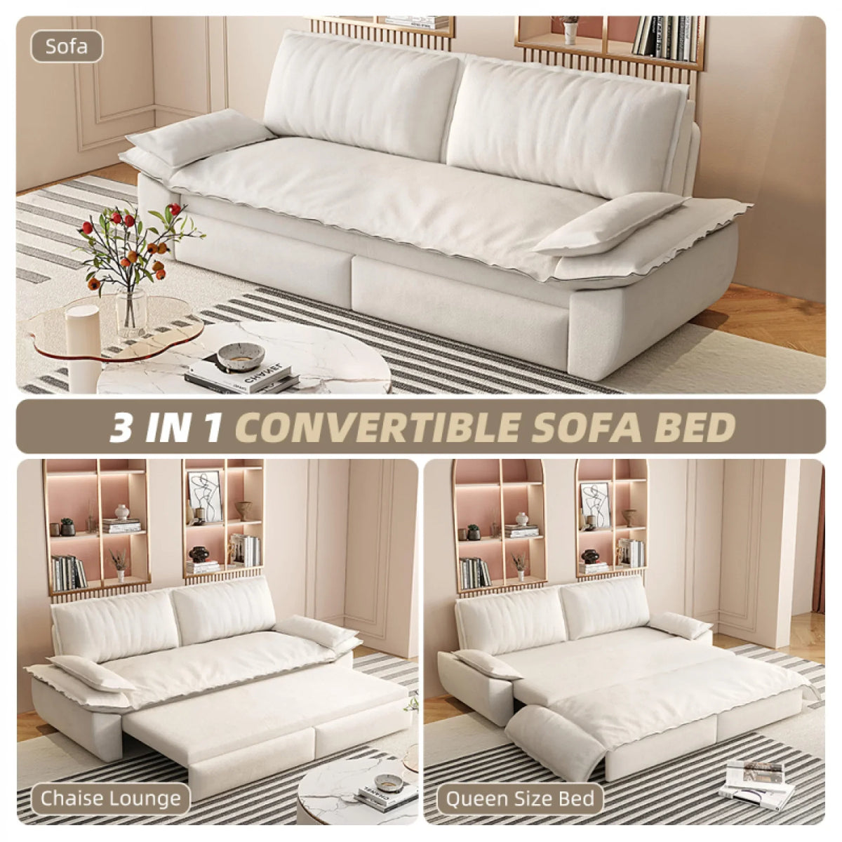 66" Queen Pull Out Sofa Bed, 3-in-1 Convertible Sleeper Sofa with Side Storage,Multi-Functional Velvet Loveseat Bed for Living Room,Bedroom