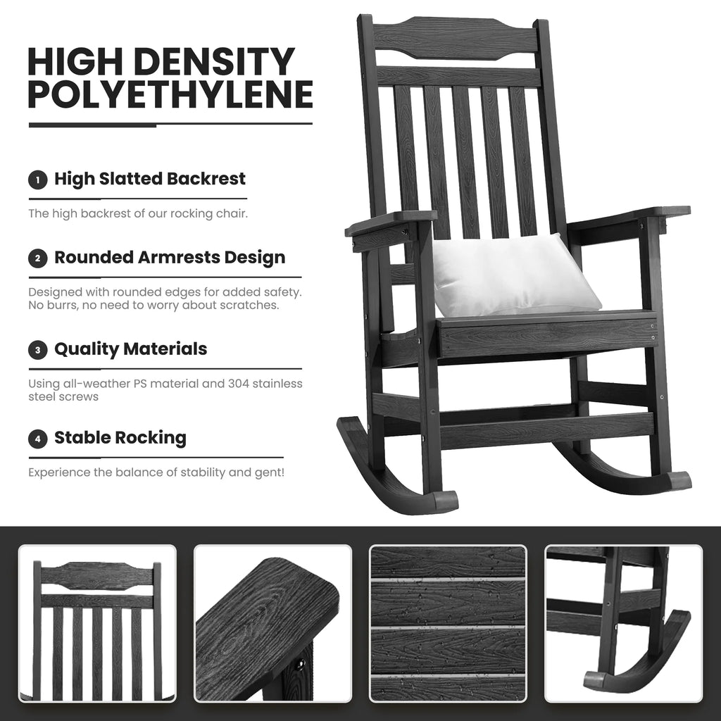 Naipo 1PC Patio Rocking Chair All-Weather, Oversized Porch Rocker Chair 400 lbs Weight Capacity, for Backyard, Fire Pit, Lawn, Garden, Outdoor and Indoor, Black