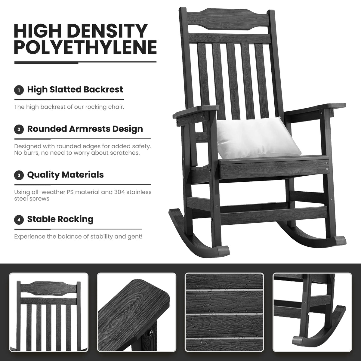 Naipo 1PC Patio Rocking Chair All-Weather, Oversized Porch Rocker Chair 400 lbs Weight Capacity, for Backyard, Fire Pit, Lawn, Garden, Outdoor and Indoor, Black
