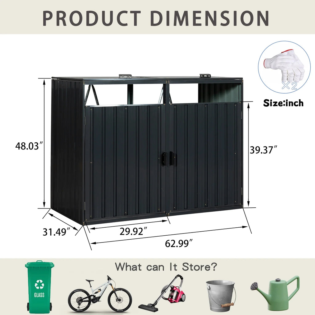 JXXRZ Metal Garbage Bin Shed for 2 Trash Cans with Lockable Doors and Lids,Galvanized Steel Garbage Bin Storage Shed for Garden Yard Lawn, Black