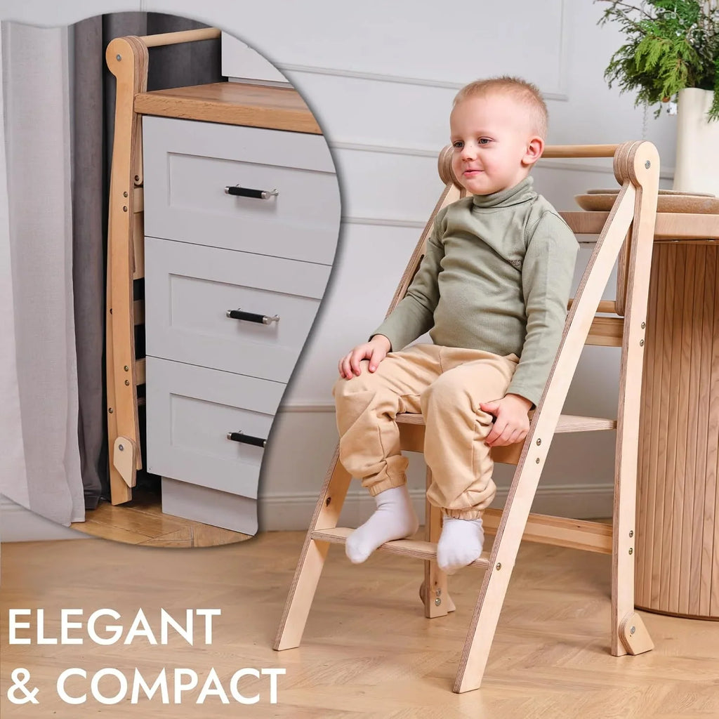 Folding Wooden Kitchen Standing Stool for Toddlers �C Safe & Compact Learning Step Stool, Ages 18 Months+