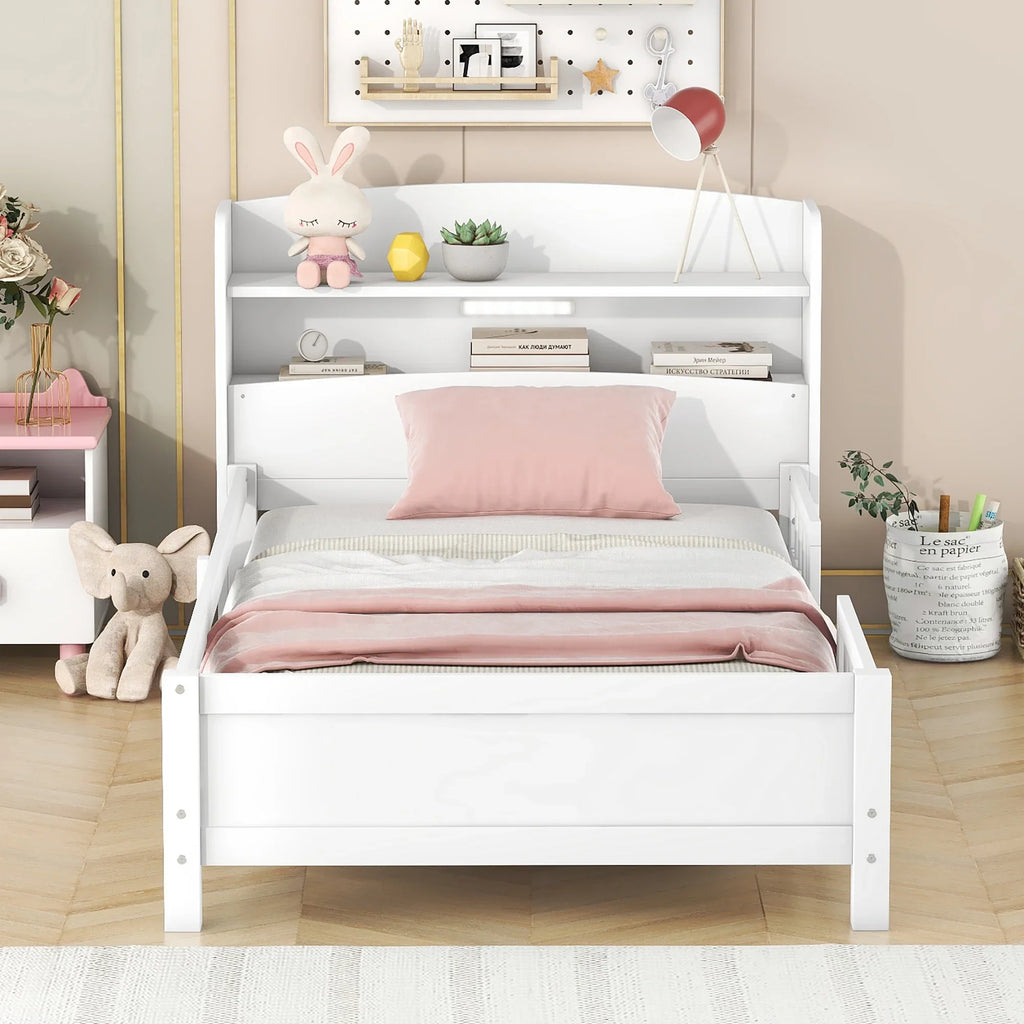 Euroco Wood Twin Size Platform Bed with Storage Headboard, Shelves and LED Light for Kids, Gray