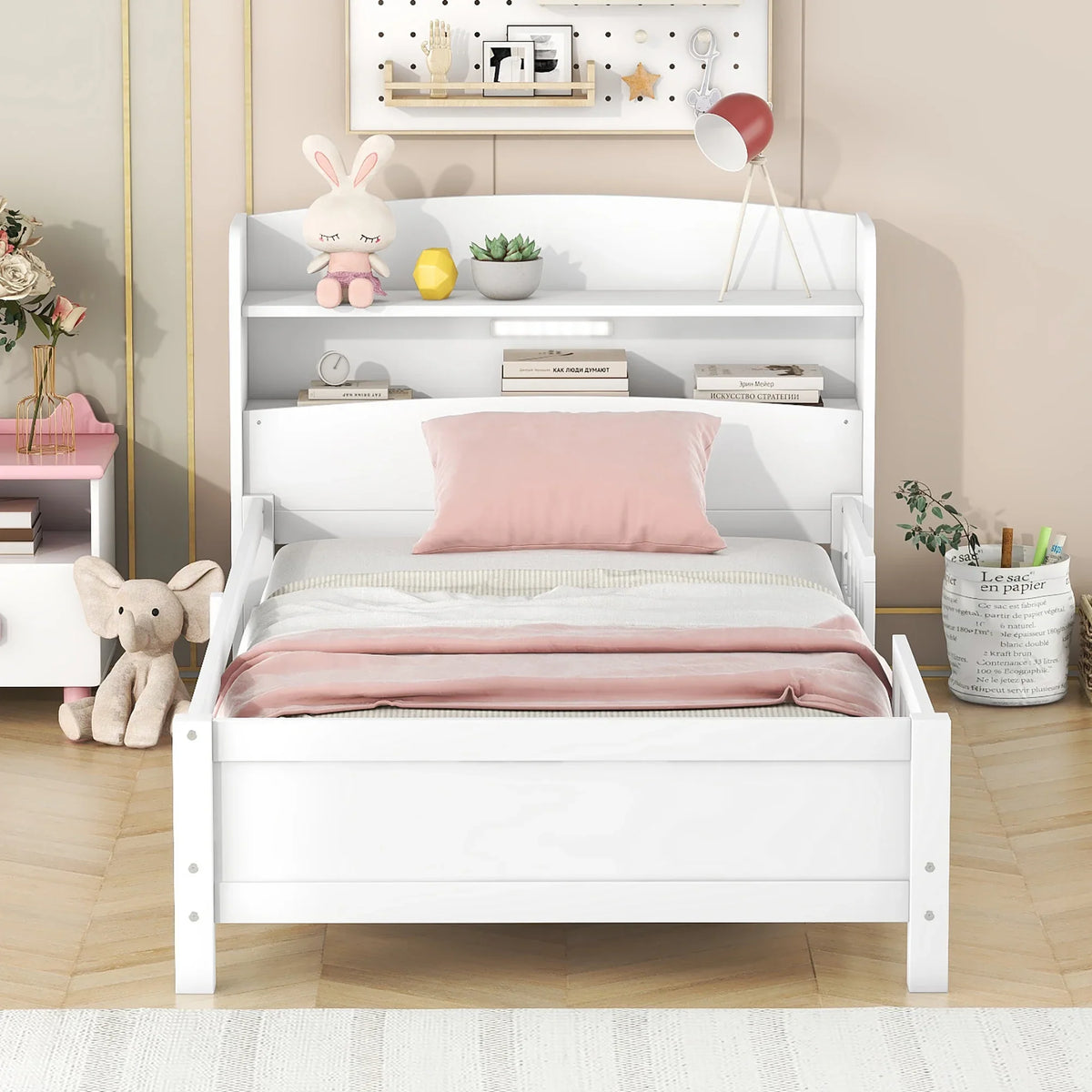 Euroco Wood Twin Size Platform Bed with Storage Headboard, Shelves and LED Light for Kids, Gray