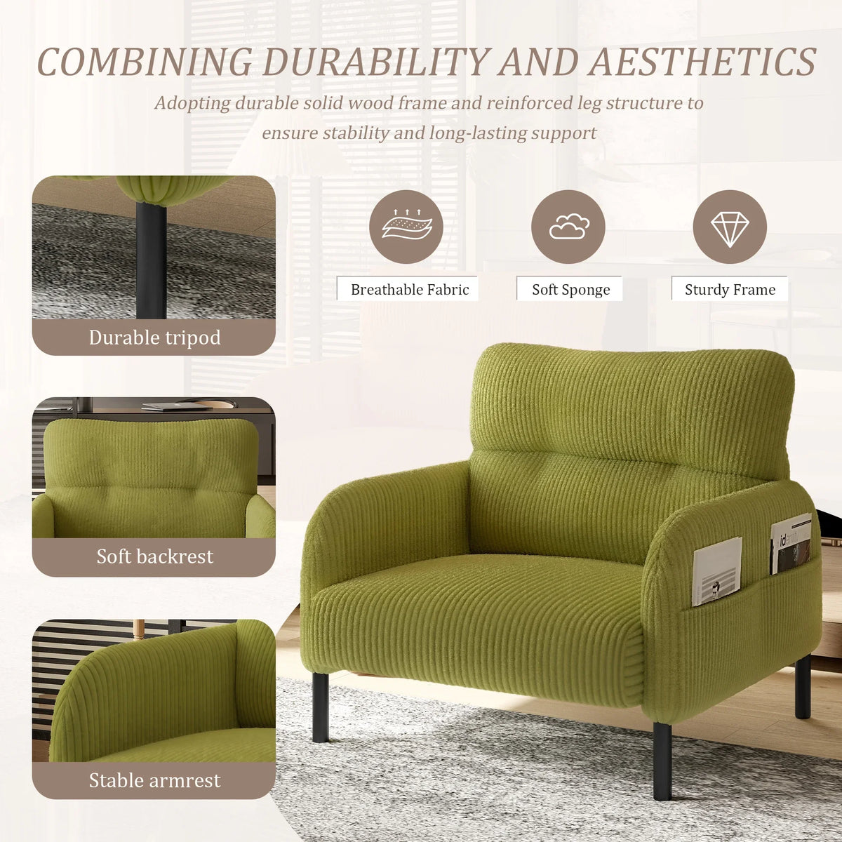 Modern Accent Chair,Armchair,Corduroy Fabric Sofa Chairs,Upholstered Armchair for Living Room,Bedroom,Office,Olive Green