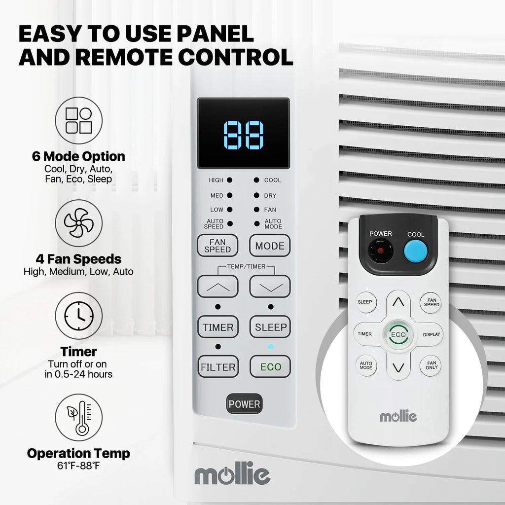 mollie 12,000 BTU 115V Window Air Conditioner, Cools Rooms up to 450 Sq.Ft., Window AC Unit with Remote Control, 24H-Timer and 3 Fan Speeds, White