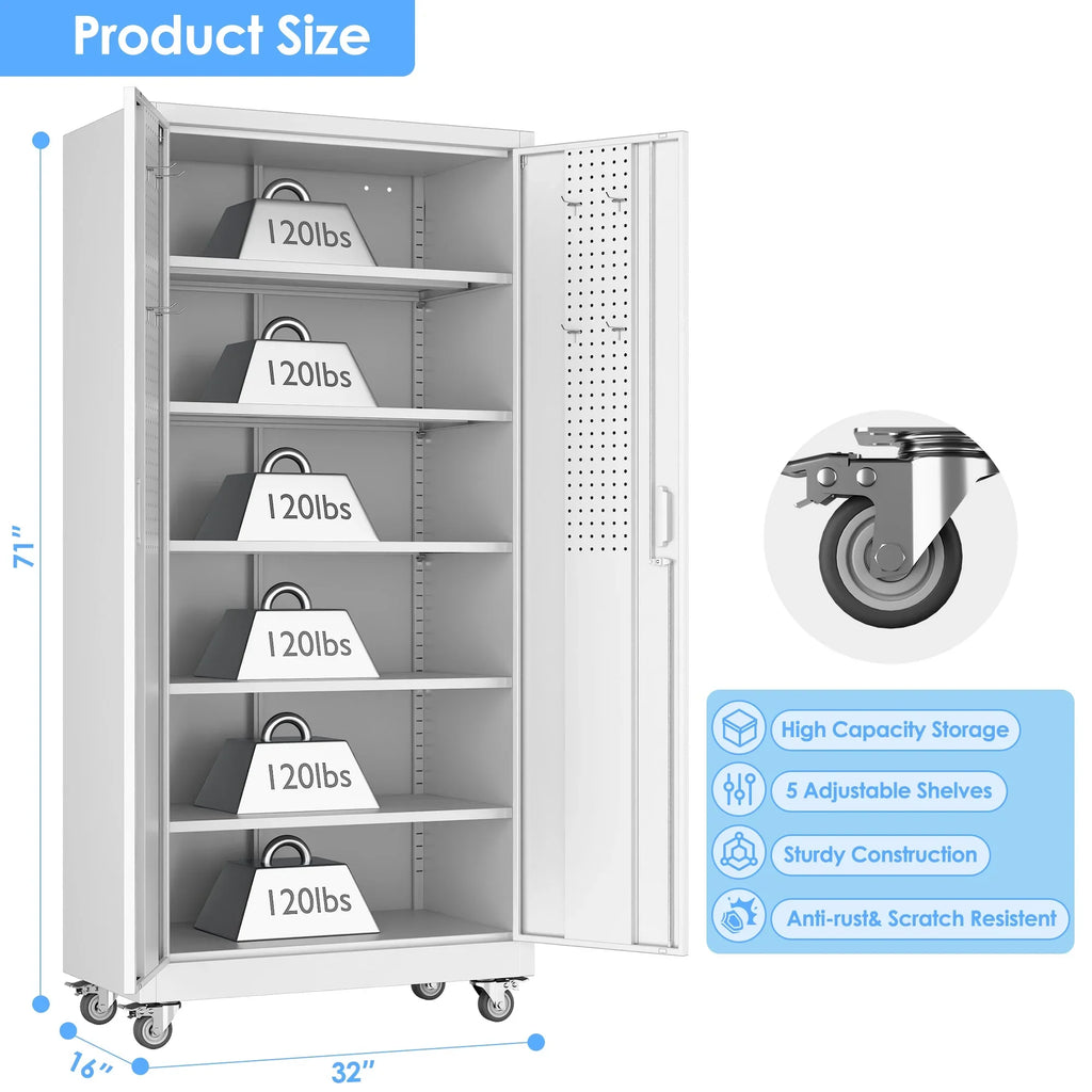 GangMei 71 inches Tall Metal Rolling Garage Storage Cabinets with Locking Doors and 5 Adjustable Shelves, Metal Storage Cabinet for Garage, Office, Home, Classroom, Assemble Required(Black)