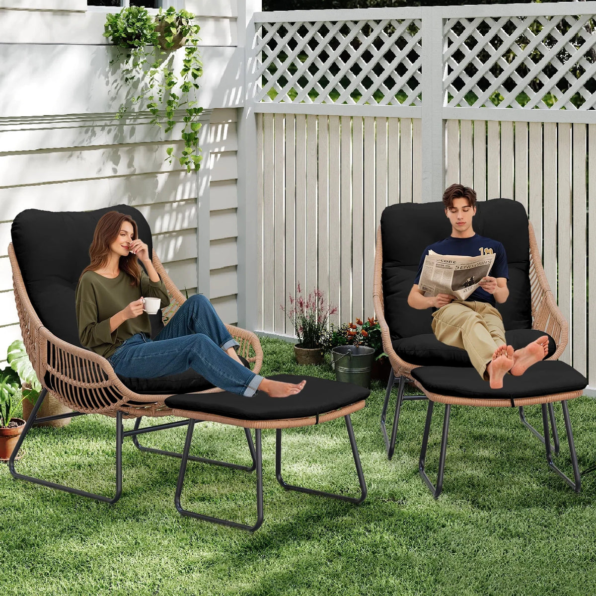 Tappio Wicker Papasan Egg Chair with Ottoman, Outdoor Patio Basket Lounge Chair Indoor Oversized Egg Lounger with Thick Cushion for Living Room Bedroom Balcony Porch, Black