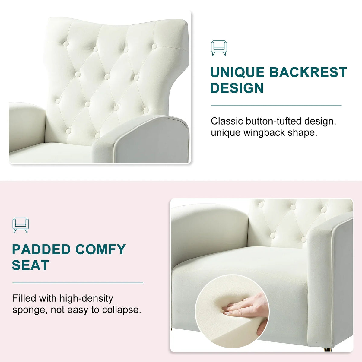 Modern Velvet Accent Chair Upholstered Sofa Armchair Button Tufted Metal Legs Adult Bedroom Home Living Room Grey